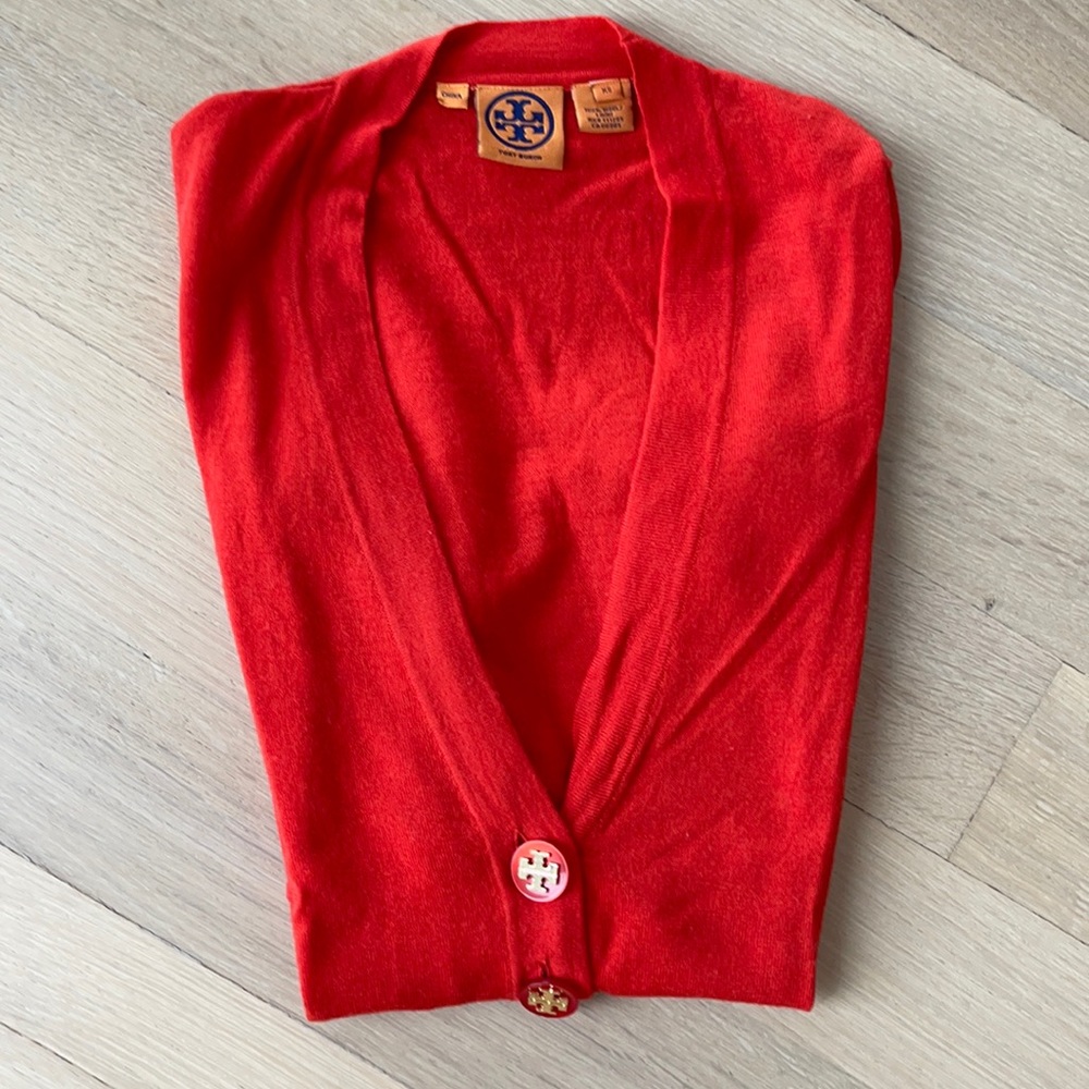 Red Tory Burch cardigan. 100% wool
